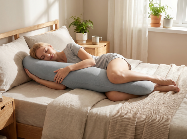Woman side-sleeping hugging Sleep Tuckd body pillow